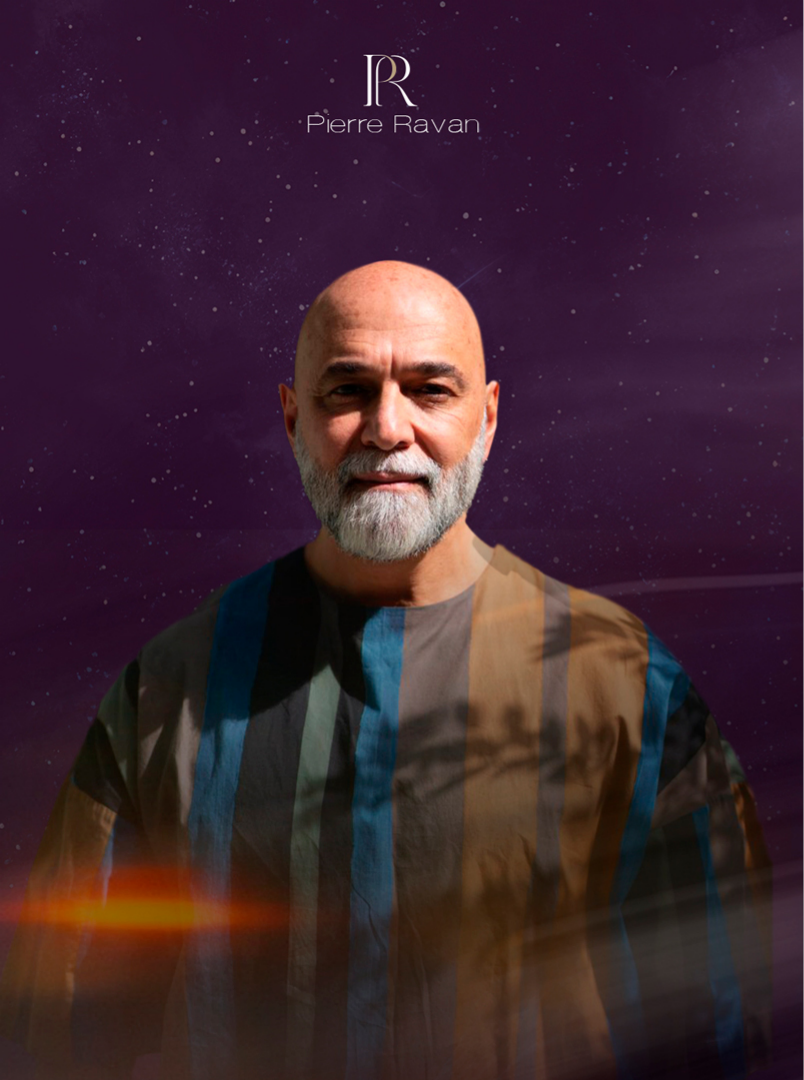 Pierre Ravan against a purple cosmic background